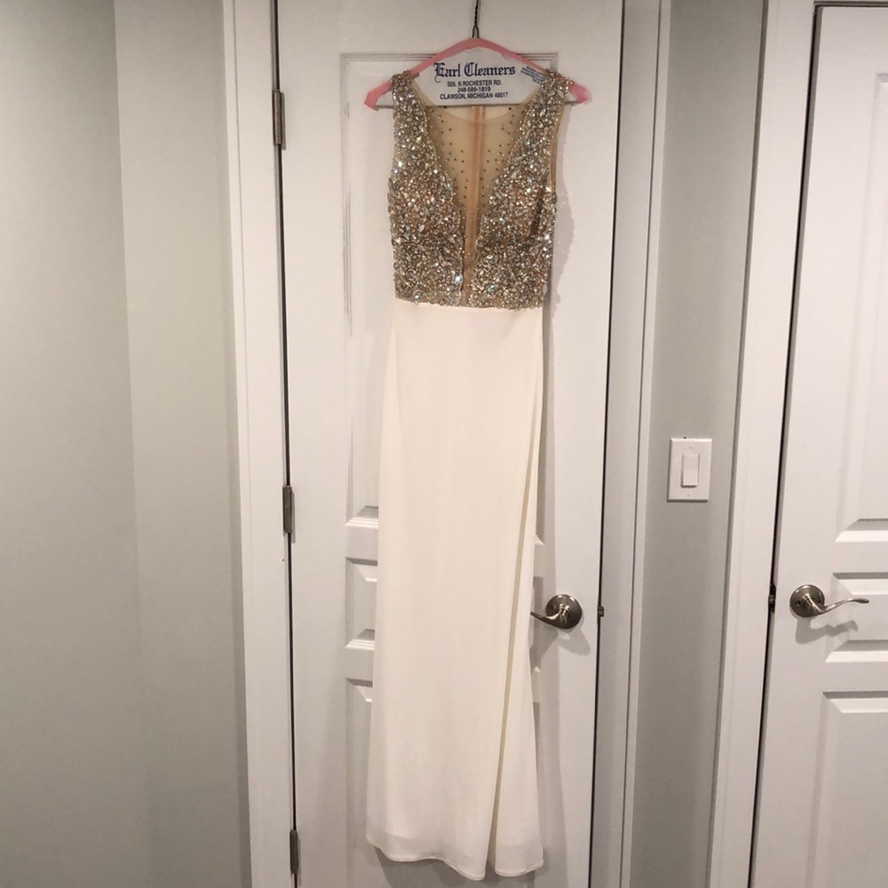 White prom dress from blush prom